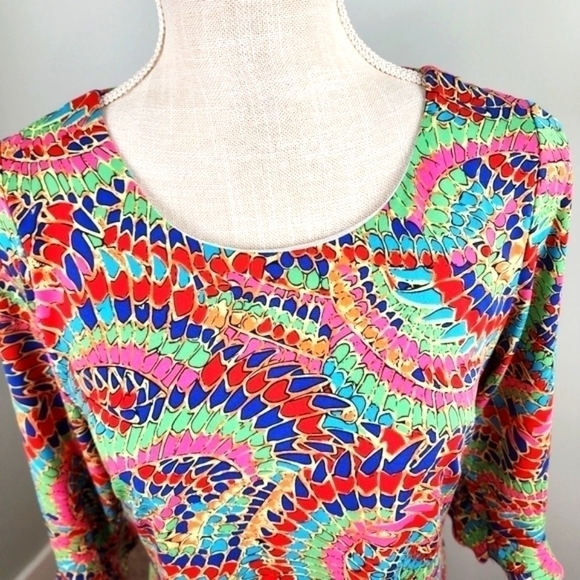 Joy Joy Colorful Geometrical Long Sleeve Midi Dress Scoop Neck Open Back Size XS - Picture 2 of 8